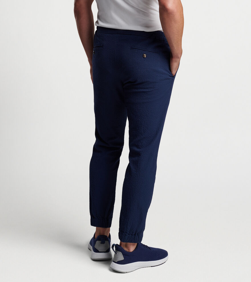 Navy blue seersucker flat-front lightweight Chino Pants